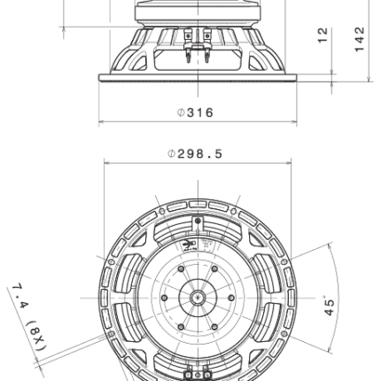 Plano técnico — Altavoz FaitalPRO 12″ Ferrite 12HP1010