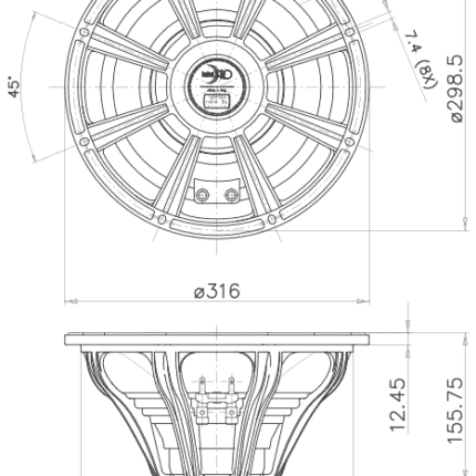 Plano técnico — Altavoz FaitalPRO 12″ Neodimio 12HP1020