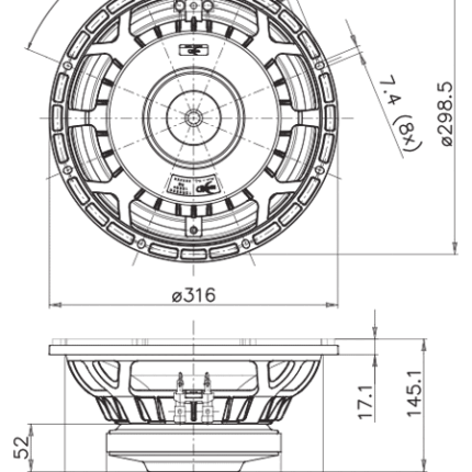 Plano técnico — Altavoz FaitalPRO 12″ Ferrite 12RS550