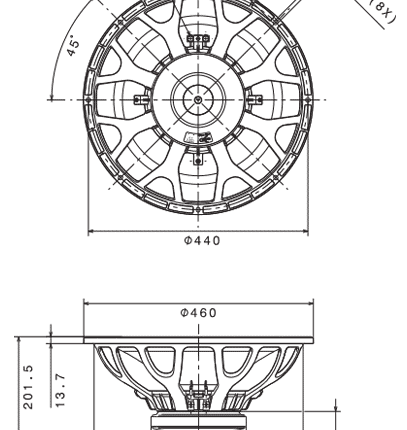 Plano técnico — Altavoz FaitalPRO 18″ Ferrite 18FH510