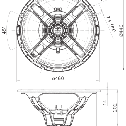 Plano técnico — Altavoz FaitalPRO 18″ Neodimio 18HP1022