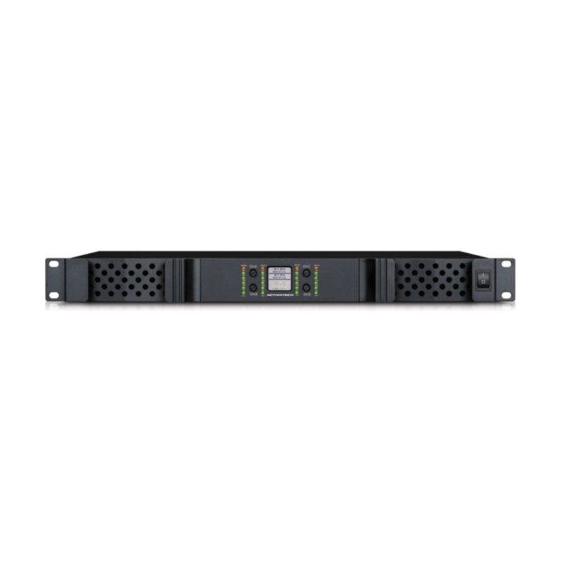 Amplificador GaN DGS418 – 4×1800W @ 8Ω · Damping 5000 · PFC 0.99 · 1U