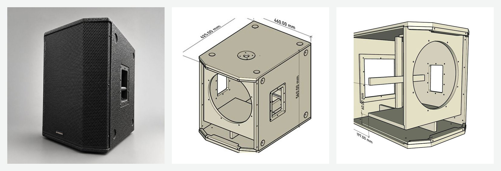 Compact Pro 15N 100L 40Hz: caja terminada y su diseño 3D exterior e interior
