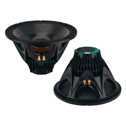 Parlante de neodimio Compact Pro CP-15N de 15 pulgadas, vistas frontal y posterior con etiqueta verde