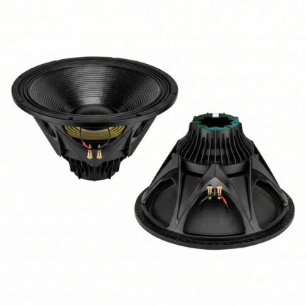 Parlante de neodimio Compact Pro CP-18N de 18 pulgadas, vistas frontal y posterior con etiqueta verde