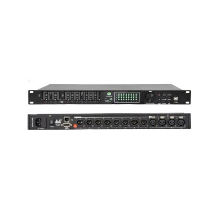 Procesador DSP LD448 frente y panel trasero con XLR, RJ45 y RS232